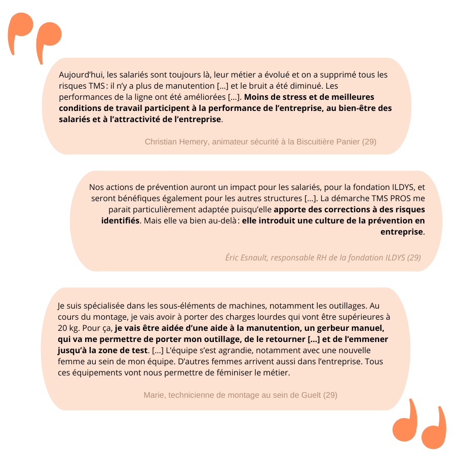 Une image présente les témoignages de trois entreprises. « Aujourd’hui les salariés sont toujours là, leur métier a évolué et on a supprimé tous les risques TMS : il n’y a plus de manutention [ … ] et le bruit a été diminué. Les performances de la ligne ont été améliorées [ … ]. Moins de stress et de meilleures conditions de travail participent à la performance de l’entreprise, au bien-être des salariés et à l’attractivité de l’entreprise. » Un témoignage de Christian Hemery, animateur sécurité à la Biscuitière Panier (29)  « Nos actions de prévention auront un impact pour les salariés, pour la fondation ILDYS, et seront bénéfiques également pour les autres structures [ … ]. La démarche TMS PROS me parait particulièrement adaptée puisqu’elle apporte des corrections à des risques identifiés. Mais elle va bien au-delà : elle introduit une culture de la prévention en entreprise. » Un témoignage d’Éric Esnoult, responsable RH de la fondation ILDYS (29)  « Je suis spécialisée dans les sous-éléments de machines, notamment les outillages. Au cours du montage, je vais avoir à porter des charges lourdes qui vont être supérieures à 20 kg. Pour ça, je vais être aidée d’une aide à la manutention, un gerbeur manuel, qui va me permettre de porter mon outillage, de le retourner [ … ] et de l’emmener jusqu’à la zone de test. [ … ] L’équipe s’est agrandie, notamment avec une nouvelle femme au sein de mon équipe. D’autres femmes arrivent aussi dans l’entreprise. Tous ces équipements vont nous permettre de féminiser le métier. » Un témoignage de Marie, technicienne de montage au sein de Guelt (29)